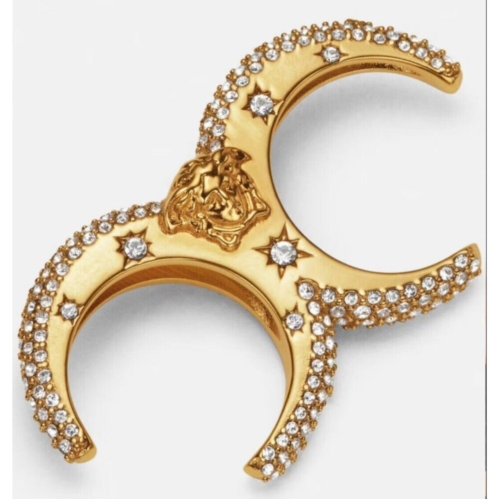 Versace Galaxy Medusa Crystal Engraved Cuff Double Ring Gold Tone Sz M NWT $525